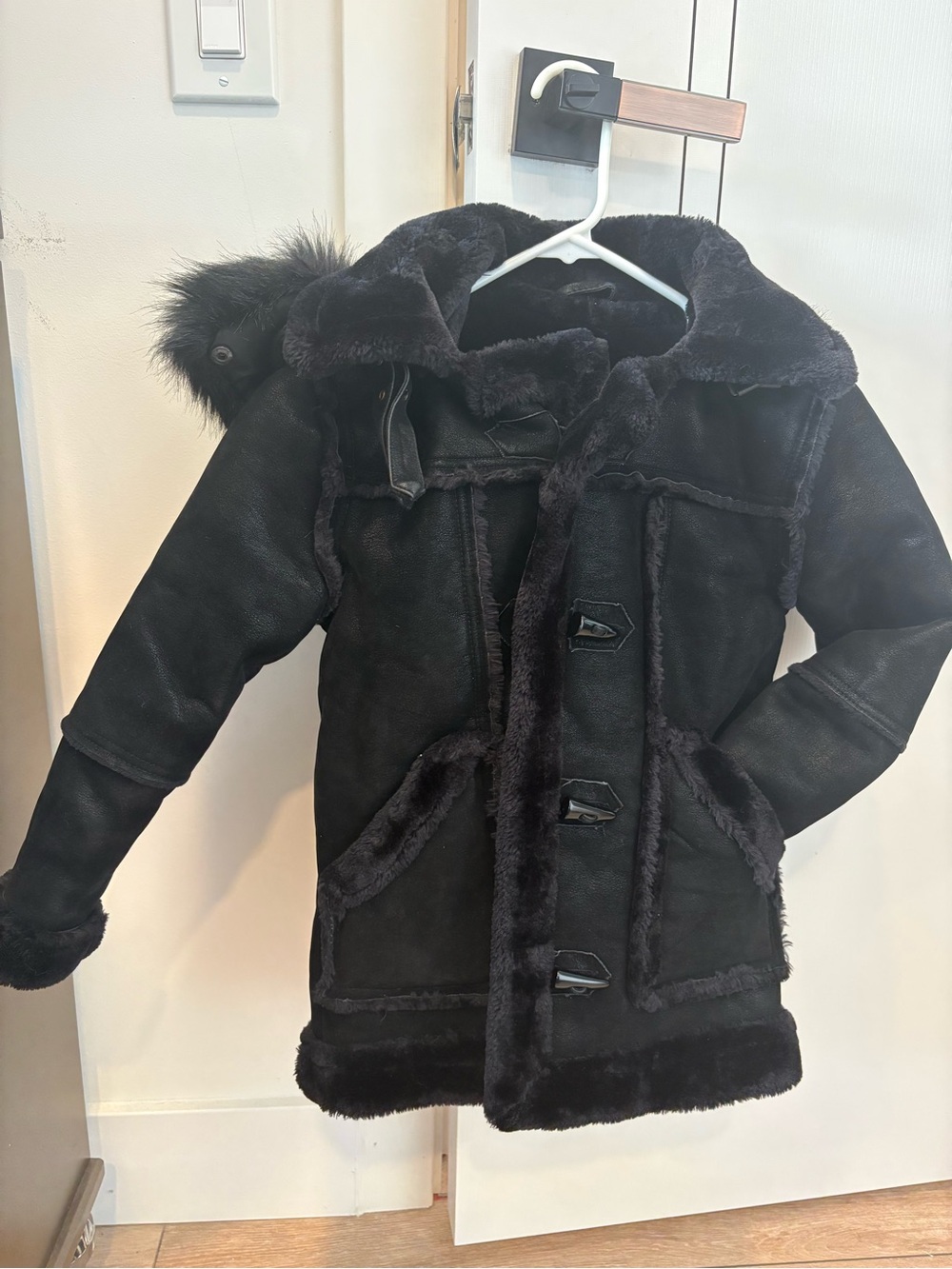 Jordan Craig Black Faux Shearling Pea Coat with Hood
